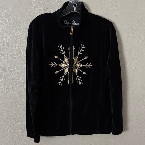 Onque Casuals Women’s Velour Snowflake Winter Cold Full Zip, Black/Gold, Large - Picture 1 of 7